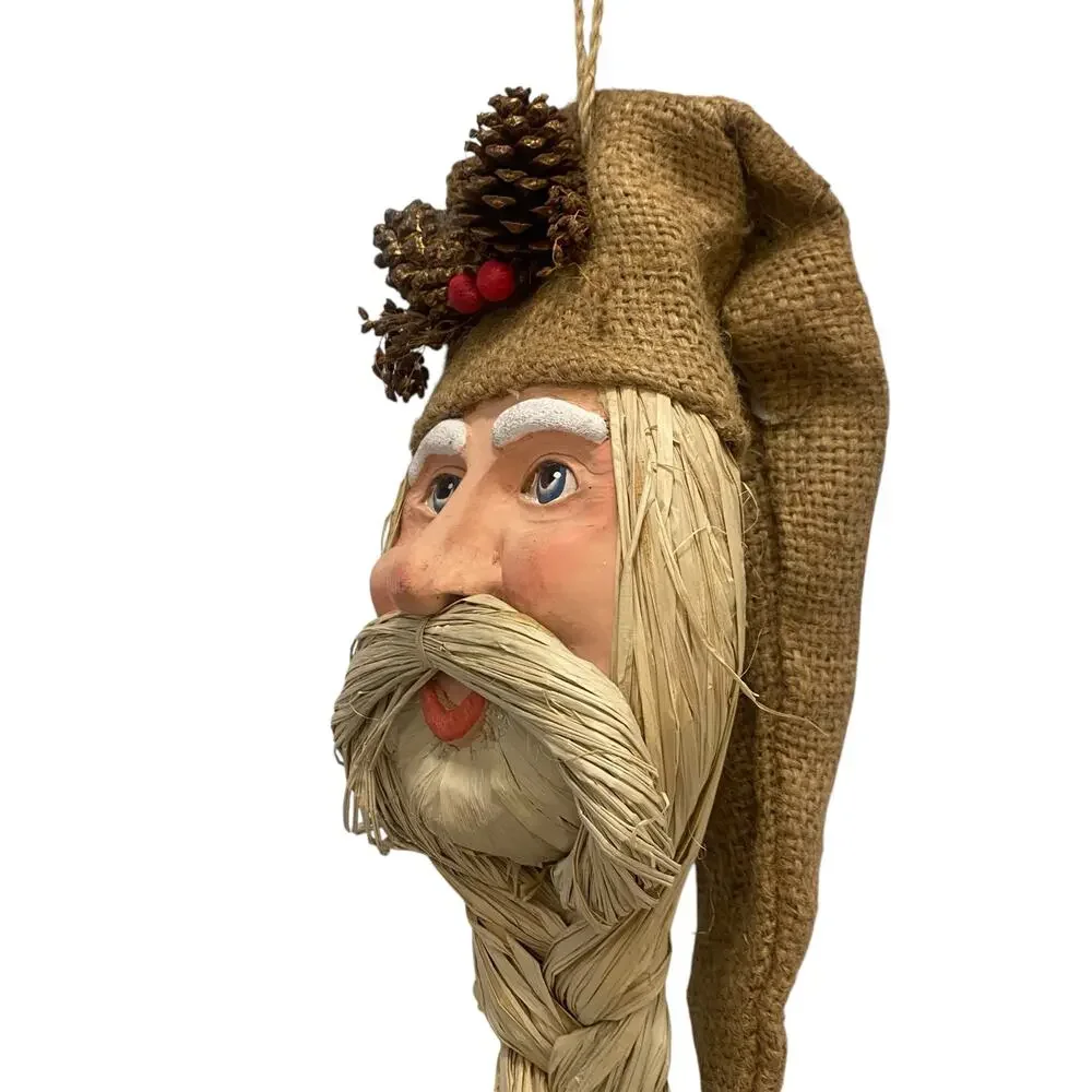 Vintage Wall Hanging Santa with Raffia and Burlap Braided Beard Holiday Decor